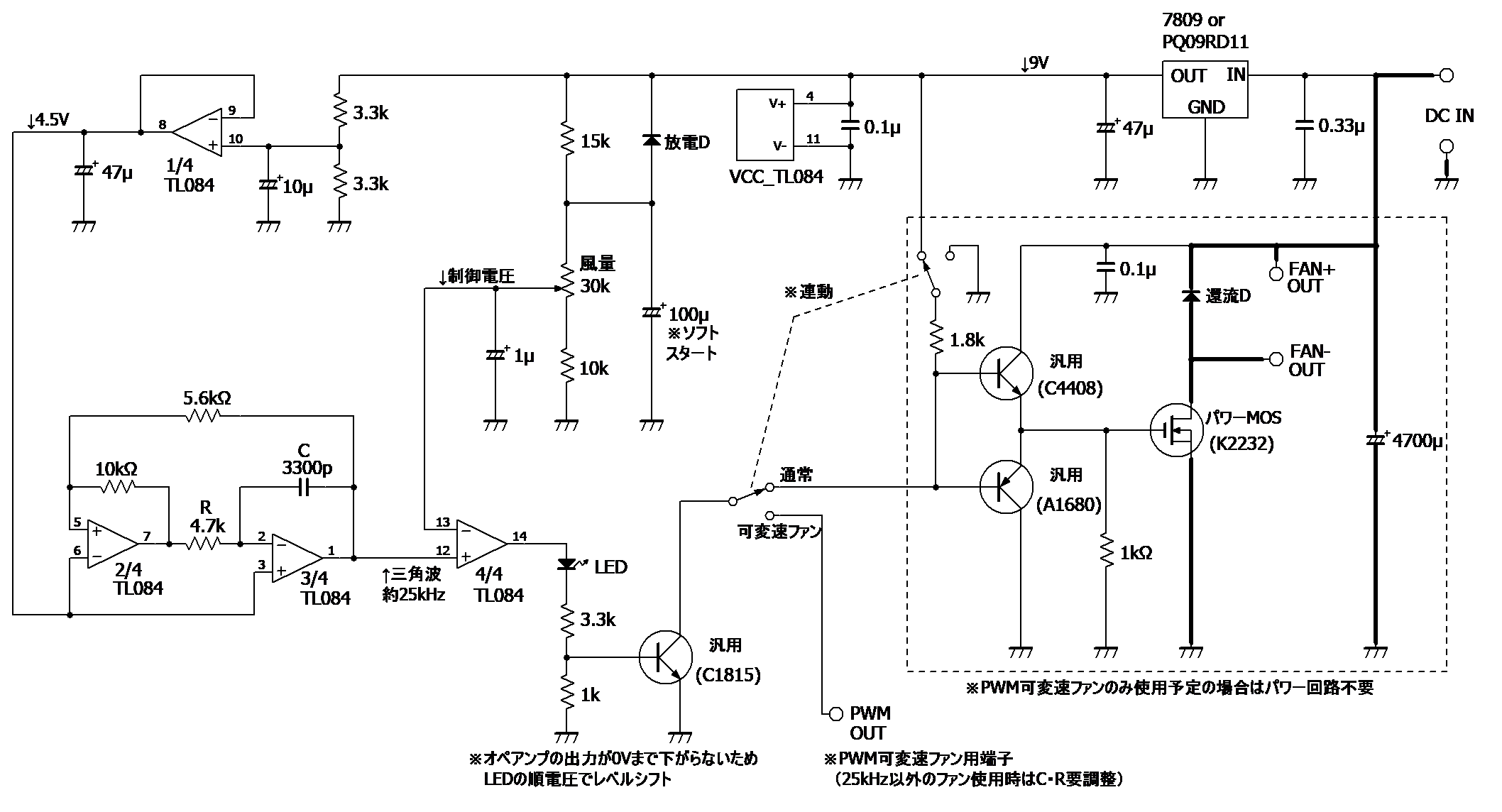 オペアンプによるPWMファンモータコントーラ回路